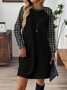 EMERY ROSE Women's Casual Plaid Patchwork Mini Dress, Autumn - White - View 5