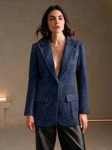 Anewsta 绒面革长袖优雅多口袋西装外套 - 藏蓝色 - 查看 7