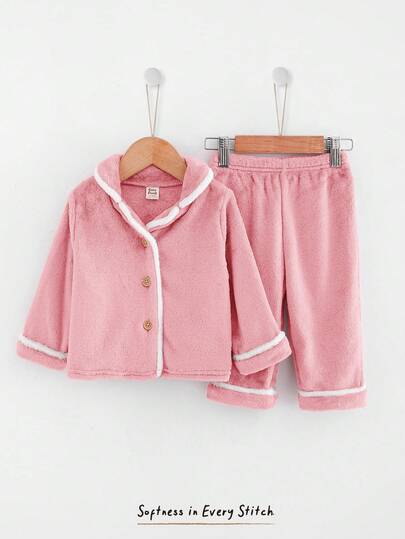 Cozy Pixies 2pcs Baby Girl Autumn/Winter Contrast Trim Lapel Collar Long Sleeve Cardigan Top And Elastic Waist Straight Leg Pants Casual Homewear Set Baby Girl Pajamas Baby Girl Clothes Spring Fall Baby Pink Pajama Set Baby Girl Fleece Sets Baby Casual Sets