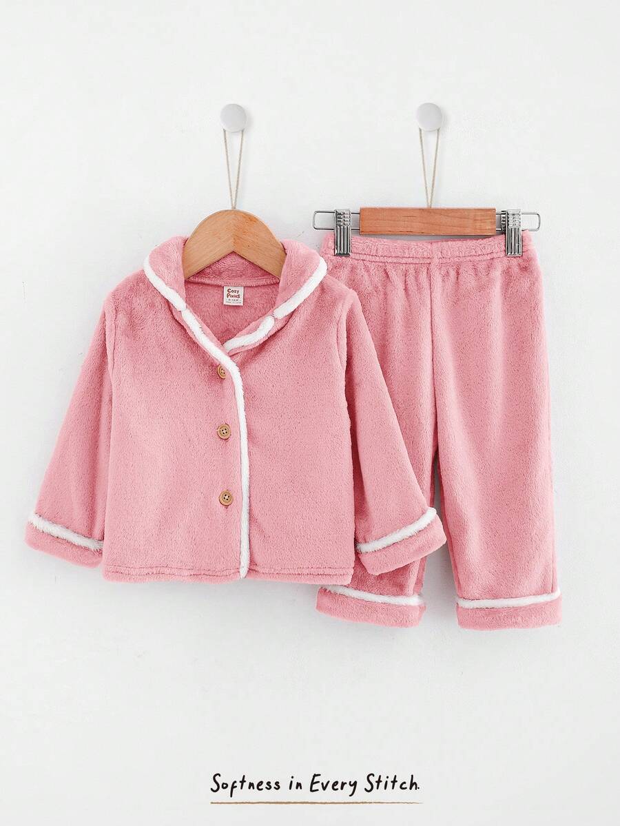 Cozy Pixies Conjunto de ropa casual para el hogar de 2 piezas para niña bebé, con cardigan de manga larga con cuello de solapa y ribete de contraste, y pantalones rectos de cintura elástica para otoño/invierno - Rosa Pálido - Ver 1