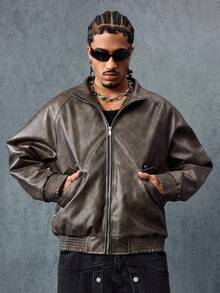 ROMWE MEN Street Life 纯色立领插肩袖休闲拉链立领仿皮夹克 - 棕色 - 查看 5