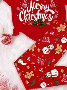 SHEIN Tween Girls' Red Summer Cute Graphic Sleep Christmas Pajama Set,Cartoon Deer Star Christmas Tree Short Sleeve Crew Neck T-Shirt & Leggings,Snug Fit - Multicolor - View 6