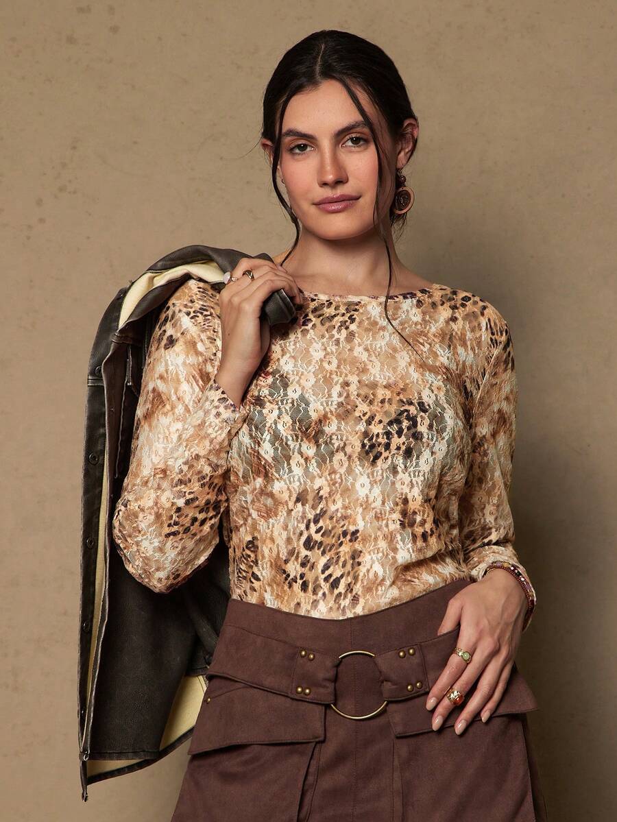 SHEIN VCAY 大码女式豹纹蕾丝印花长袖休闲衬衫 - 彩色 - 查看 1