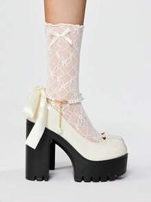 ROMWE Goth Giày cao gót đế dày đế thô thời trang Mary Jane màu trơn đính ngọc trai, trang trí nơ ren, thích hợp cho tiệc tùng, đi chơi, hẹn hò - trắng - Xem 4