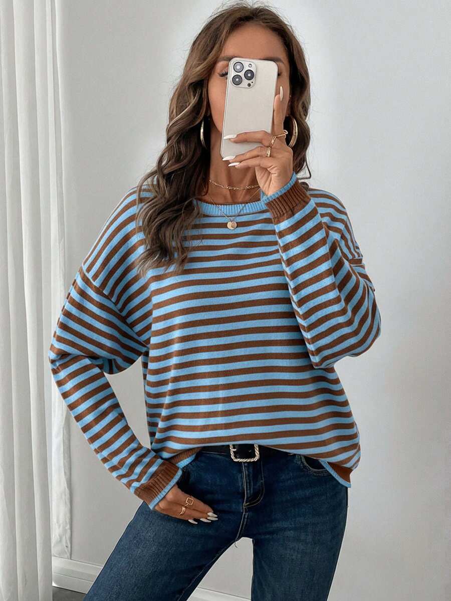 EMERY ROSE LUNE 条纹图案撞色滚边落肩毛衣，秋冬季长袖上衣 - 巧克力棕 - 查看 1