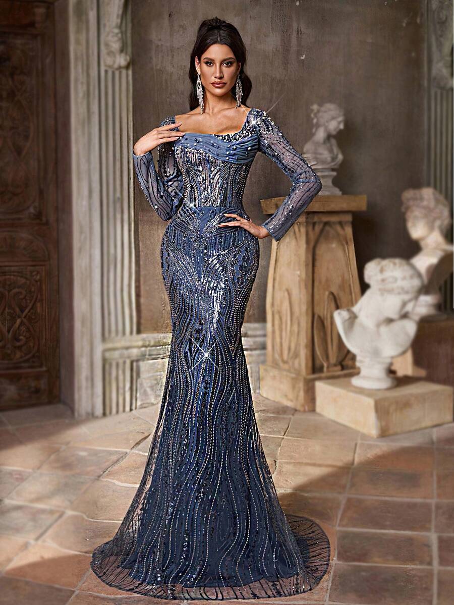 Aureia 优雅奢华串珠亮片透视长袖方领网眼拼布手工撞色串珠缀饰鱼尾下摆可调节领带正式礼服，适合派对、婚礼、庆典