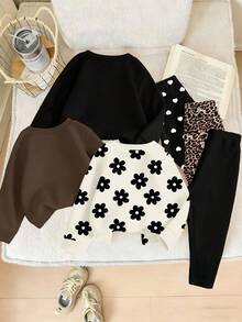SHEIN Playful Pals 6pcs Cozy Fall & Winter Styles Infant/Toddler Girls Casual Fashion Creative Personalized Fresh Cute Leopard Print, Bow, Flower, Heart, Letter Graphic Print Sweatshirt And Leggings Outfit Set Toddler Flower Clothes Baby Set Autumn Winter Season Baby Girl Sweaters Set Mocha Baby Clothes Baby Casual Sets - Multicolor - View 2