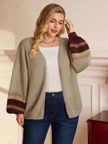EMERY ROSE Plus Size Women's Drop Shoulder Long Sleeve Casual Colorblock Striped Cardigan/Winter - Multicolor - View 3