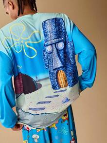 SpongeBob SquarePants | SHEIN Men's Casual Cartoon Pattern Long Sleeve Top And Pants Loungewear Set, Autumn, Winter Clothes - Blue - View 3