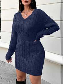 EURMUSE Plus Size V-neck Knitted Sweater Dress With Drawstring - Navy Blue - View 3