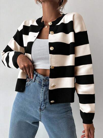 EURMUSE Women's Casual Colorblock Striped Cardigan, Autumn/Winter