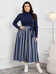 Modelyn 大码休闲条纹拼接针织连衣裙，秋冬款 - 藏蓝色 - 查看 1