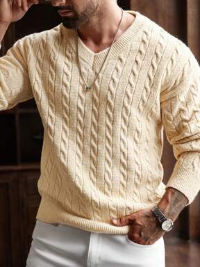 Manfinity Homme Men's Casual Solid Color Knit Sweater, Autumn/Winter Men Cable Knit Men V-Neck Sweater Cream Men Sweater