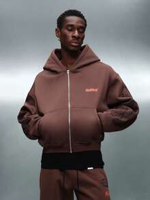PLAYBOY X SUMWON Oversized Graphic Hoodie With Large Bunny Logo Print Full Zip Drawstring Hood Winter Streetwear - Brown - View 2