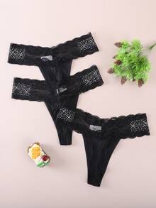3pcs/Pack Fashionable Sexy Lace Patchwork Rhinestone Thong Panties - Black - View 6