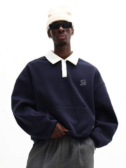  SUMWON Boxy Fit Polo With Contrast Collar And Centre Pocket Casual Rugby Style Long Sleeve Plain