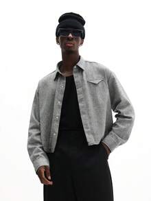 SUMWON Boxy Fit Long Sleeve Textured Overshirt With Chest Pocket Detail Button Front Casual Shirt Plain - Black and White - View 4