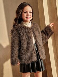 SHEIN Elladie kids Young Girl Casual Fluffy Faux Fur Loose Coat, Sophisticated And Chic Urban Fall Winter
