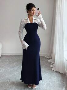 Elenzga Váy đuôi cá phối lưới hoa thêu hoa thanh lịch, lãng mạn, eo ôm vừa vặn dành cho nữ - Màu xanh hải quân - Xem 3