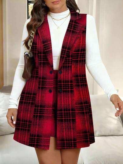 Conjunto de chaleco y falda a cuadros para mujer de talla grande