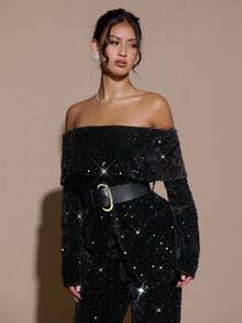 SHEIN BAE Elegante y encantadora blazer de hombro descubierto para mujer, atuendo elegante y brillante para fiestas y Navidad, glamorosa blazer de un solo hombro, perfecta para atuendos de fiesta y looks de citas, blazer de un solo hombro con cinturón. Ropa de otoño e invierno para mujer - Negro - Ver 7