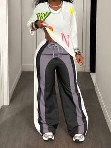 BamGleam Quần ống rộng cạp cao có dây rút màu tương phản thời trang dạo phố dành cho nữ - Đen và trắng - Xem 4