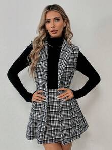 Elyressa Bộ vest thanh lịch cổ ve kẻ caro hai hàng khuy không tay và chân váy midi cho nữ mùa thu - Xám - Xem 5