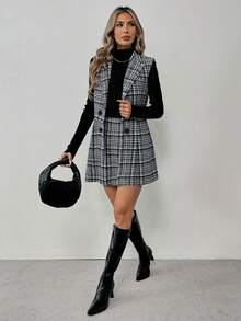 Elyressa Bộ vest thanh lịch cổ ve kẻ caro hai hàng khuy không tay và chân váy midi cho nữ mùa thu - Xám - Xem 6