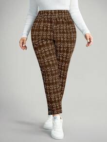 Comfylo 大码女式波点印花休闲裤，带口袋和侧开衩，适合度假、新年、冬季、情人节、商务休闲等场合。 - 摩卡棕 - 查看 3