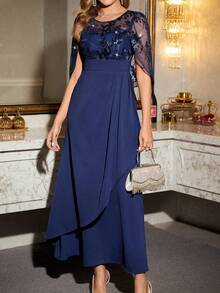 Amorya Women's Navy Blue Sequin Lace Capelet Long Maxi Dress | Elegant Valentine's Day Wedding Guest Party Going Out Summer Dress Wedding Guest Dress Women Navy Blue Elegant Dress Mother Of Bride Dress Gala Dress Elegant Curve Formal Evening Gown Mother Of Groom Dress  Spring/Summer Modest Dress Abaya Dress Beach Wedding