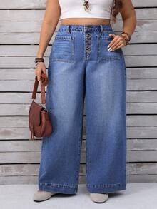 SHEIN CURVE+ Quần jeans ống rộng cạp cao giặt thường ngày cỡ lớn - Màu xanh lam - Xem 2