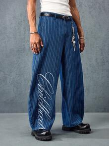 ROMWE MEN Prep Men's Casual Printed Striped Curved Hem Denim Jeans - Blue - View 5