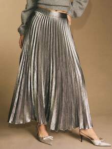 Poéselle Damen plissierter einfarbiger minimalistischer Lässig Rock - Silber - Übersicht 1