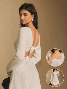 Poéselle 女士方领长袖露背蝴蝶结装饰优雅迷你连衣裙 - 白色 - 查看 1