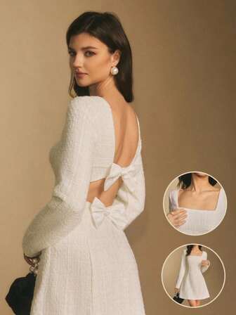 Poéselle Elegant miniklänning med fyrkantig halsringning och långärmad rygglös rosettdekoration för kvinnor