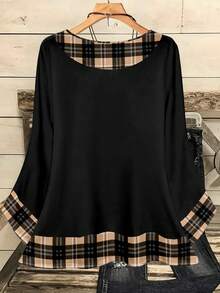 EMERY ROSE Plus Size Women's Casual Romantic Plaid Pattern Colorblock Print Round Neck Loose 3/4 Sleeve Shirt, Black - Multicolor - View 2