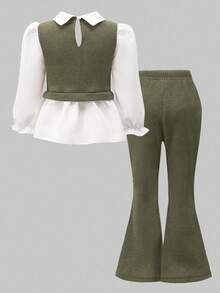 Elladie kids Girls' Spring/Autumn Casual Shirt Set, Green 3D Bow Design, Beaded Knit Ribbed Fabric, White Long Sleeve Ruffle Hem Shirt Top Paired With Khaki Pearl Flared Pants, 2pcs Outfit, Suitable For Back To School, Casual, Fashion, Sweet, Comfortable Outdoor Travel Set Outfit For Women Pants And Top Set Teen Girl Outfit Set Green Outfit Full Outfit Set - Army Green - View 2