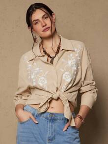 SHEIN VCAY Camisa vintage plus size com ombros caídos em cores contrastantes, manga longa e botões frontais. - Damasco - Ver 6