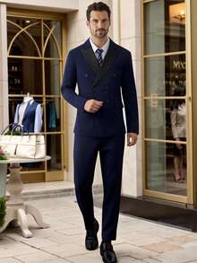 Manfinity Bizformal 男士正装商务撞色尖领双排扣西装外套和裤子套装，适合婚礼 - 藏蓝色 - 查看 5