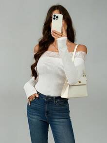 SHEIN Tall Women Cotton Blend Black And Grey Striped Half-Zip T-Shirt - White - View 6