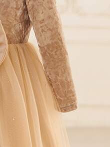 Glamorique Kids 年轻女孩优雅迷人可爱杏色天鹅绒长袖蝴蝶结紧身复古双层闪亮薄纱泡泡袖连衣裙