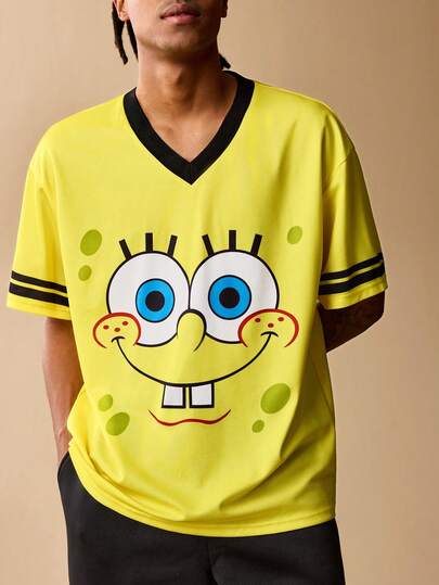 SpongeBob SquarePants | SHEIN Men's Casual V-Neck Short Sleeve T-Shirt With Contrast Trim Cartoon Pattern, Summer