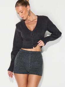 KIZN Boucle Knit Mini Skirt High Waisted Bodycon Micro Short Winter Cozy Sweater Skirt - Grey - View 5