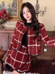 DAZY 女士优雅图案外套和裙子两件套，适合秋季、新年、圣诞节穿着 - 酒紅色 - 查看 4