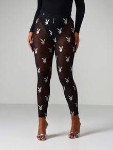 Missguided x Playboy 兔子图案印花紧身裤，全长弹力，适合节日派对和休闲穿着 - 黑色 - 查看 1