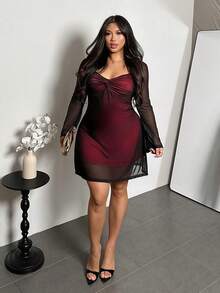 Firerie 全新性感红色网眼心形领扭纹喇叭袖紧身迷你连衣裙，优雅的情人节派对约会装 - 紅色 - 查看 3