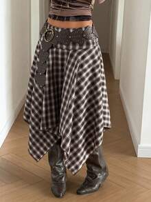 StreetHx 女士时尚不对称下摆格子A字裙 - 彩色 - 查看 1