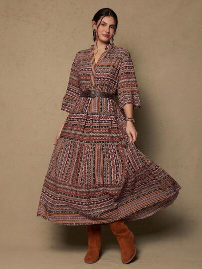 Freevana Plus Size Retro Half-Placket Mid-Sleeve Cinched Waist Dress