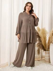 Lacomfia Plus Size Women Spring/Autumn Casual Daily Commute Simple Versatile Solid Color Ribbed Lantern Sleeve Tiered Ruffle Hem Top And Wide Leg Pants 2 Piece Set - Khaki - View 6