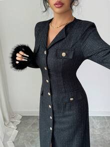 Elenzga 女士新款宴会风格黑色复古仿皮草拼接设计高端派对礼服，秋冬款 - 黑色 - 查看 7